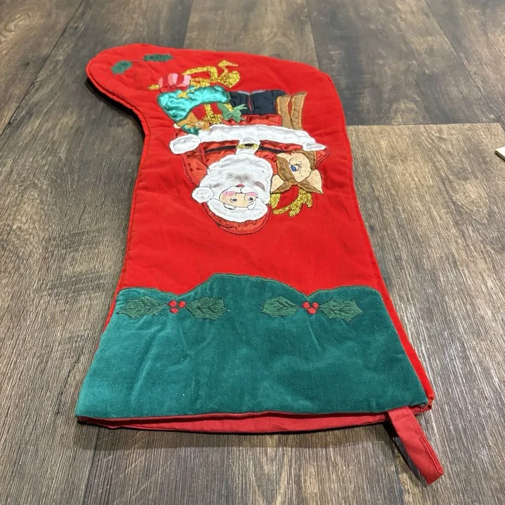 L'art de Chine Embroidered Santa Reindeer Christmas Stocking Red Green 23